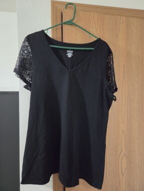 Studio Works Black V-Neck Top with Lace Short Sleeves